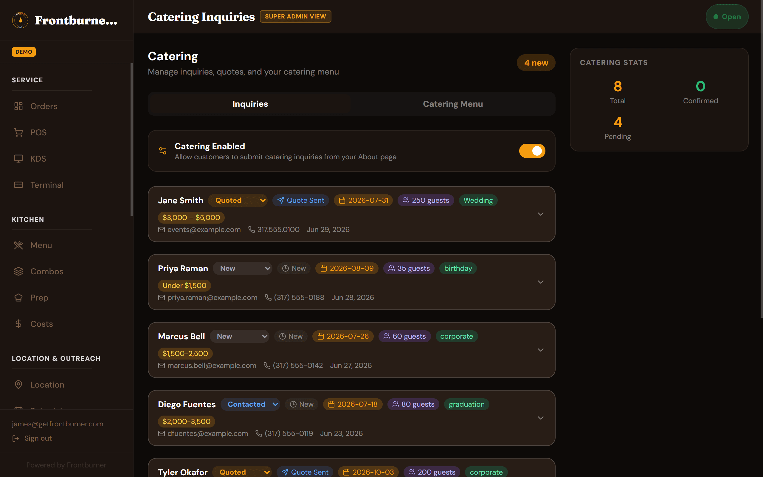 Frontburner catering event management pipeline