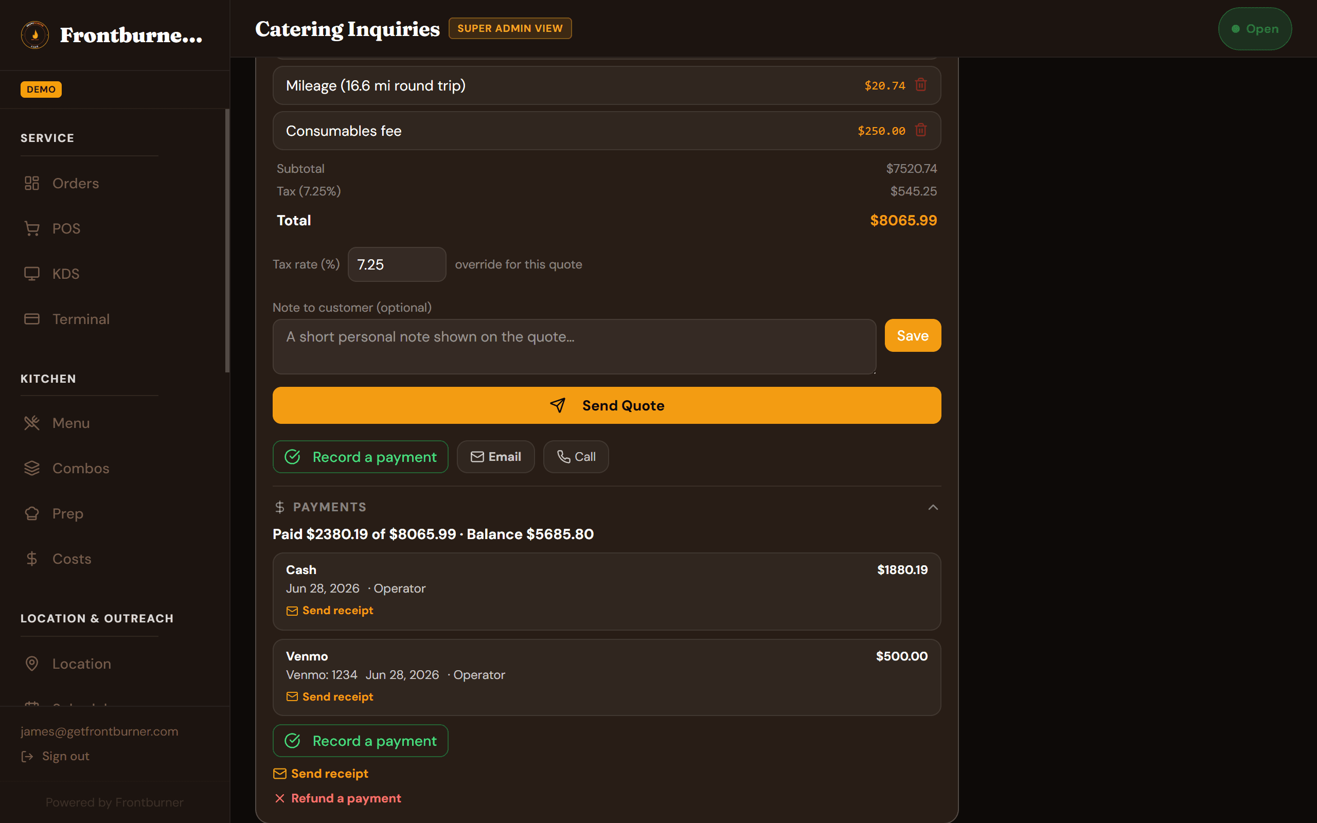 Frontburner catering deposit and balance payment