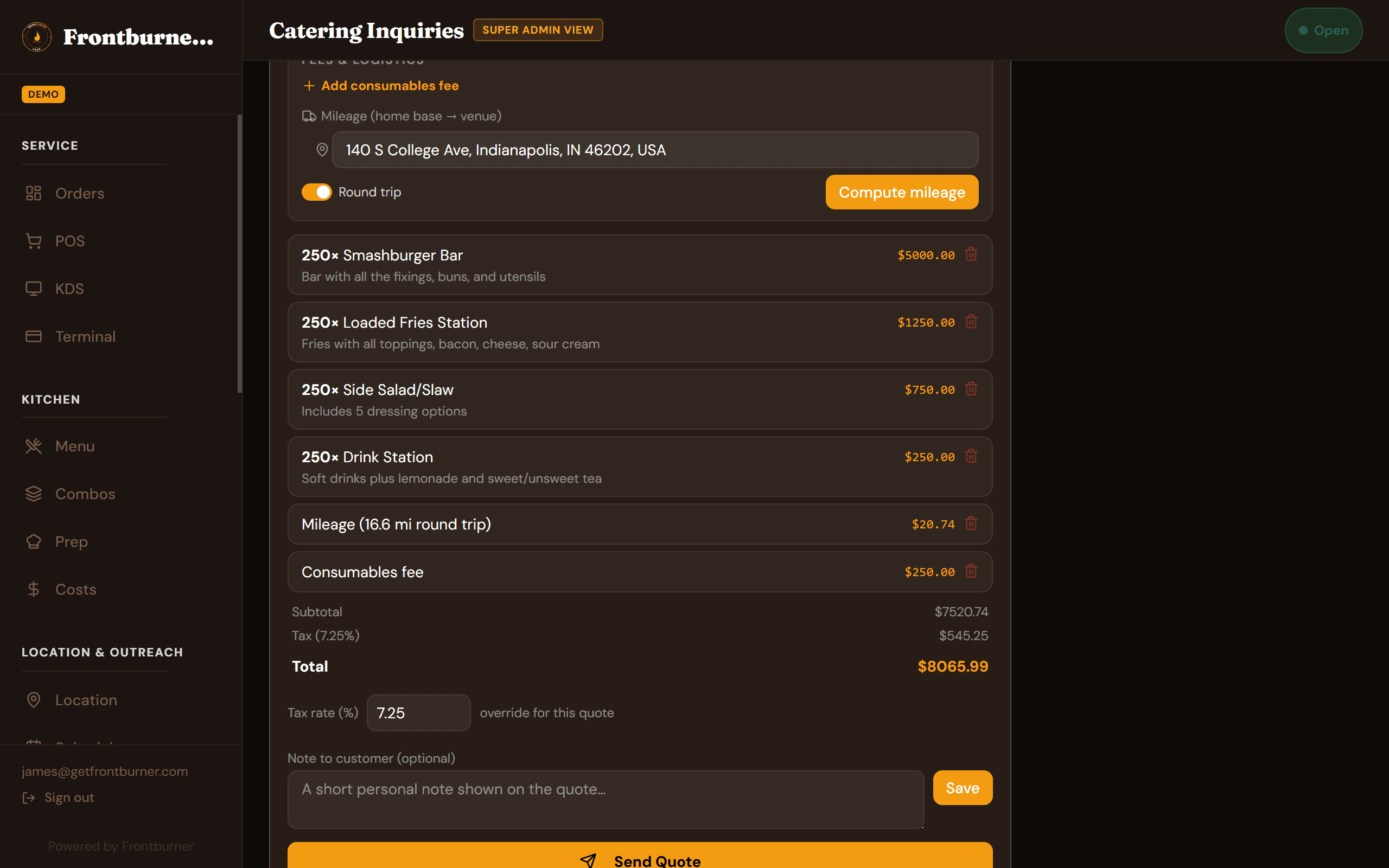 Frontburner catering quote builder (operator view)